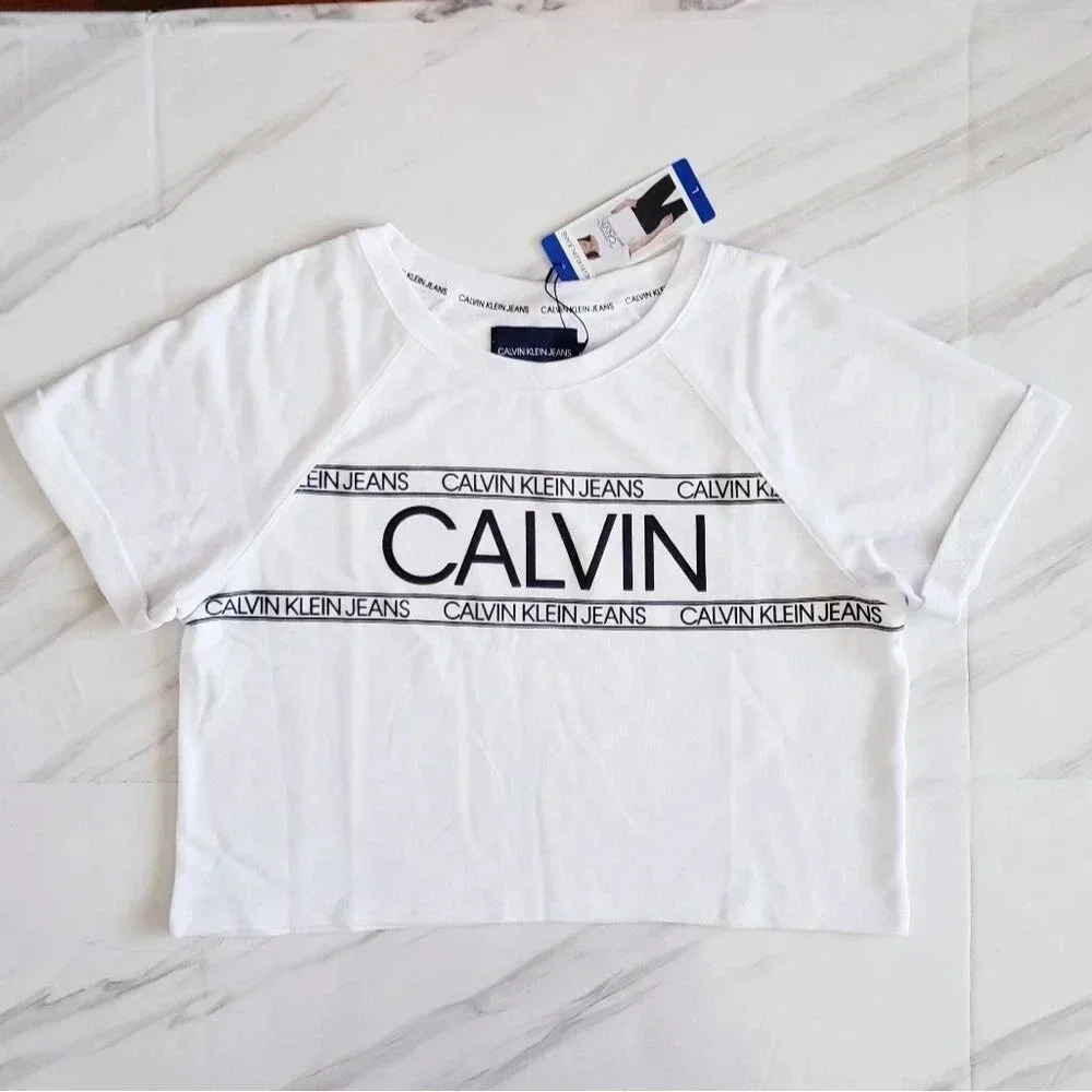Calvin Klein Cropped Top French Terry White Short Sleeve Blouse Cotton Blend L